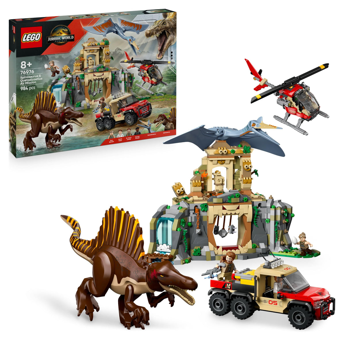 LEGO Jurassic World Misión Aérea: Spinosaurus y Quetzalcoatlus - 2 Figuras de Dinosaurios, Camión y Helicóptero de Juguete y 4 Minifiguras - Regalo para Niños y Niñas de 8+ Años 76976