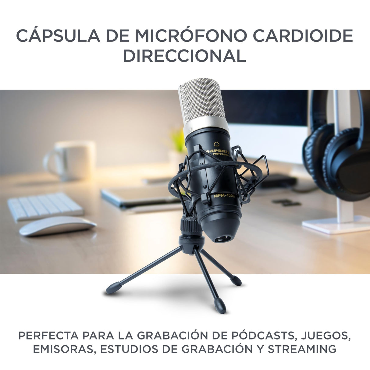Marantz Professional MPM-1000: micrófono de estudio de condensador XLR con soporte de escritorio y cable para podcasts, streaming, canto, teletrabajo y juegos