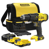 STANLEY FATMAX SFMCD711DSA-QW - Taladro Percutor 18V, Gama V20, 2 velocidades, Luz LED, Incl. juego de brocas y 50 piezas, 2 baterías recargables de 2,0 Ah, cargador y bolsa de herramientas