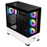 SaharaGaming SG520 con 3 Ventiladores ARGB de Espejo Blanco de 12 cm y Mini Ventilador PWM con Carcasa templada para Juegos con USB 3.0 y USB 2.0, soporta AIO de hasta 360 mm, Fuente de alimentación