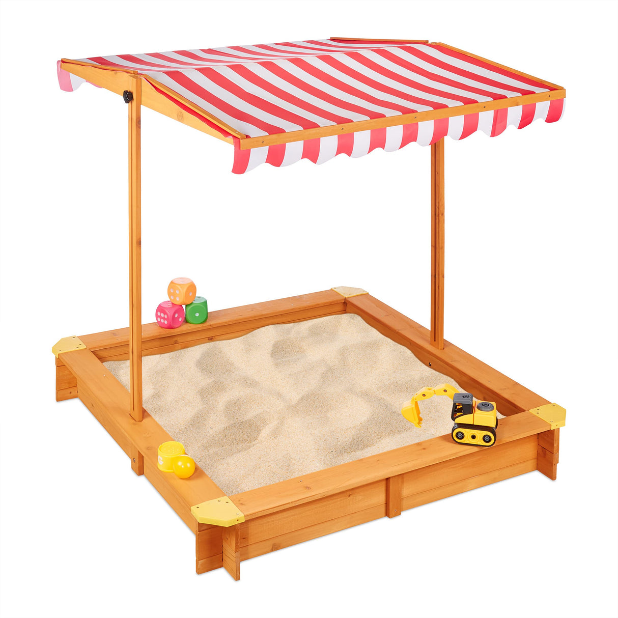 Relaxdays Arenero Niños con Techo Regulable, 117 x 117 x 117 cm, Cajón de Arena con Forro, Madera de Abeto, Natural, Poliéster