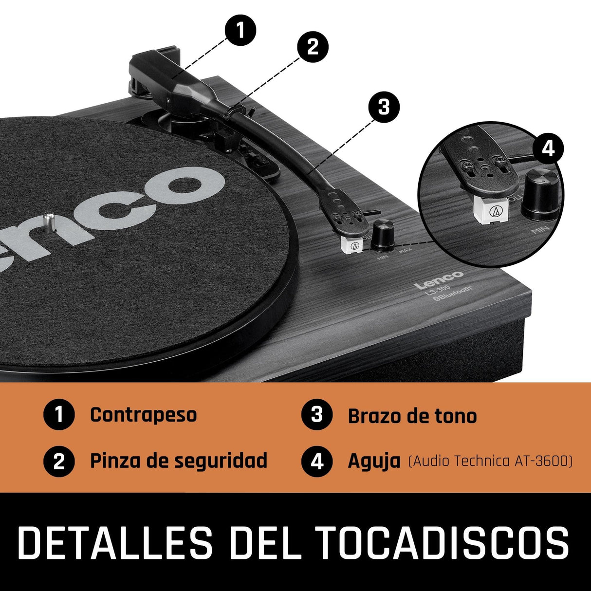 Lenco LS-300 - Giradiscos Hi-Fi con Bluetooth - Con altavoces externos 2 x 10 W RMS - Transmisión por correa - Apagado automático - Carcasa MDF - Negro