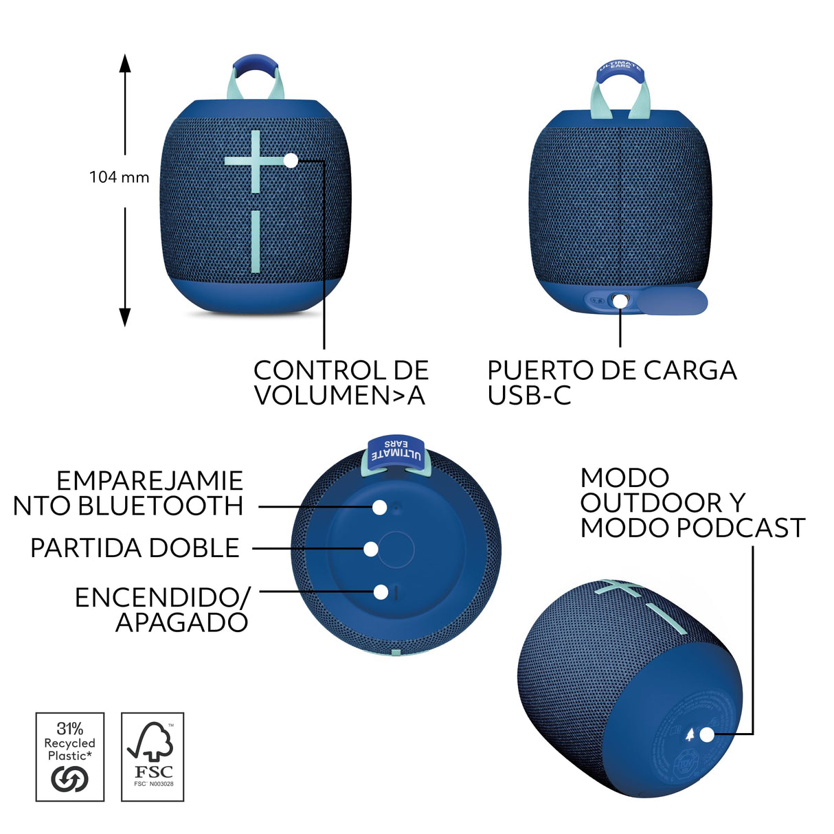 Ultimate Ears WONDERBOOM 4, Altavoz Bluetooth portátil Resistente al Agua con Graves potentes y Sonido de 360 Grados, Altavoz Flotante a Prueba de Polvo con Radio de acción de 40 m - Azul
