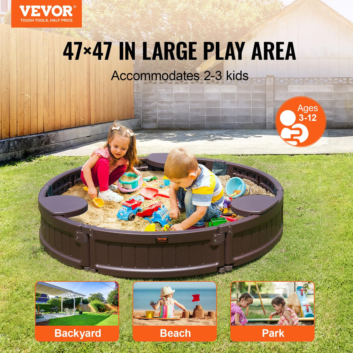 VEVOR Caja de Arena con Tapa Areno de HDPE Redondo de 120 x 23 cm con 3 Asientos en Las Esquinas y Revestimiento Inferior para Niños de 3 a 12 Años para Patio al Aire Libre, Playa, Parque, Marrón