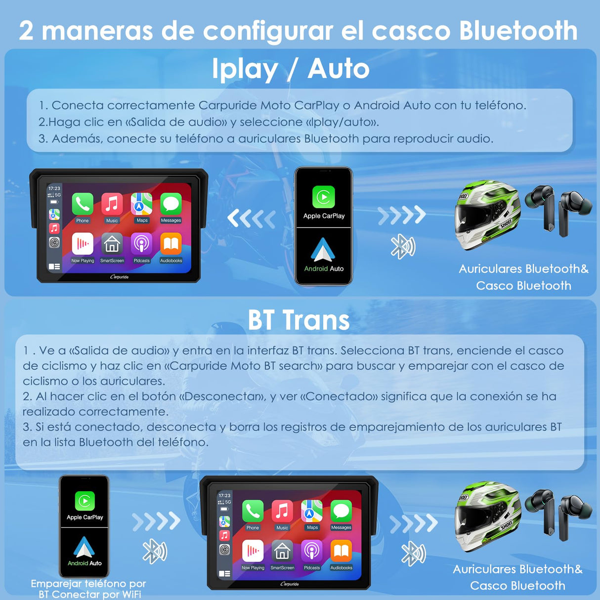 Pantalla Moto Carpuride W502, 5" IPS Táctil IP67 Impermeable, CarPlay & Android Auto Inalámbricos, GPS, Control por Voz Siri/Asistente Google, Dual Bluetooth, Soporte Ajustable Manillar