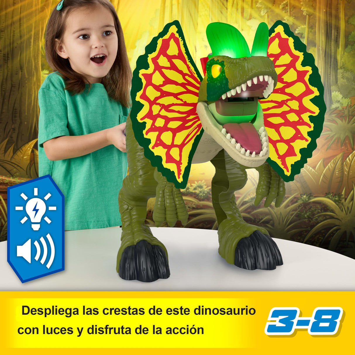 Fisher-Price Imaginext Jurassic World Thrash Attack Dilophosaurus, Dinosaurio de Juguete Extragrande con Luces y Sonidos Que Lanza proyectiles, Regalo para niños y niñas +3 años, HVY16