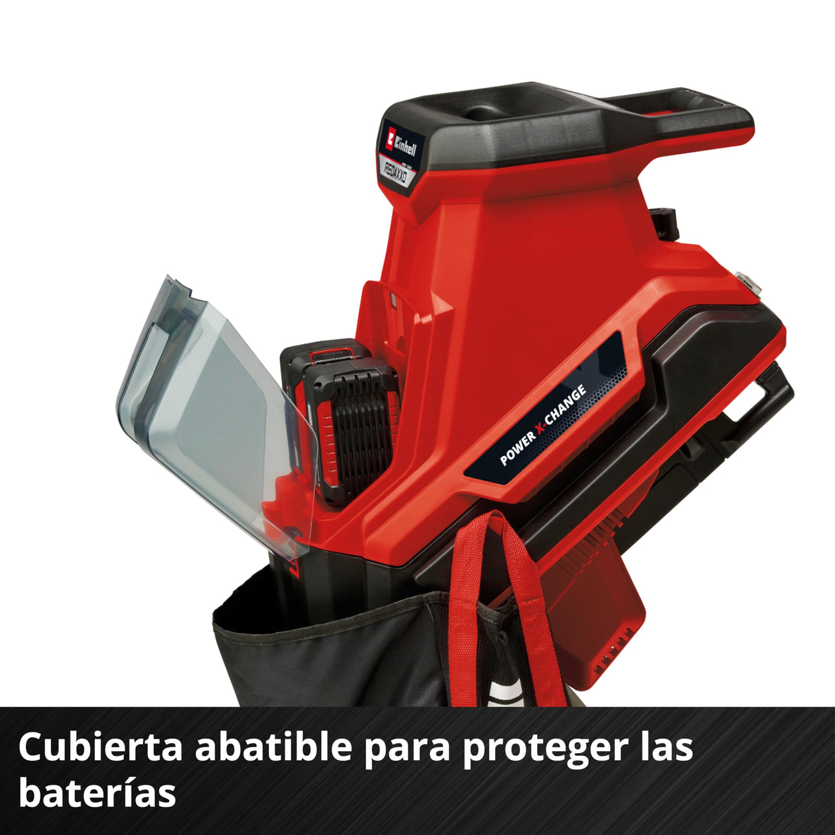 Einhell Trituradora de cuchillas con batería REDAXXO 36/25 Power X-Change (36V, máx. 25mm de grosor de rama, 3 cuchillas reversibles de acero, bolsa colectora de 55L, asa de transporte, prensador)