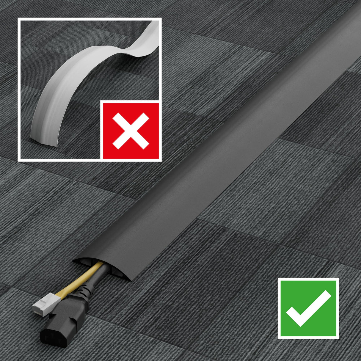 D-Line CC-1/9M Canaleta pasacables para suelo, Protector de cables, Cubre cables suelo - Cavidad para cables = 17mm (anch.) x 9mm (alt.) - 9-metro longitud - Negro