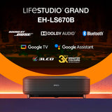 Epson Lifestudio Grand EH-LS670B Negro metálico, proyector láser Inteligente de Distancia ultracorta, 4K Pro UHD, Sound by Bose, Google TV, Pantallas de hasta 120″, 5 años de garantía*