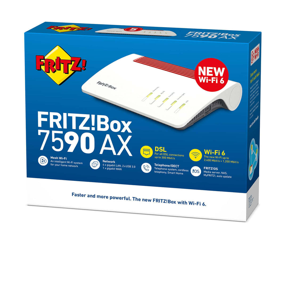 Fritz!Box 7590 AX International - Router, WiFi 6 4x4, Banda Dual (2400 Mbps/5GHz y 1200 Mbps/2,4 GHz), Mesh, 4 x LAN Gigabit, 2 x USB 3.0, Base DECT, Servidor Multimedia, Interfaz en Español