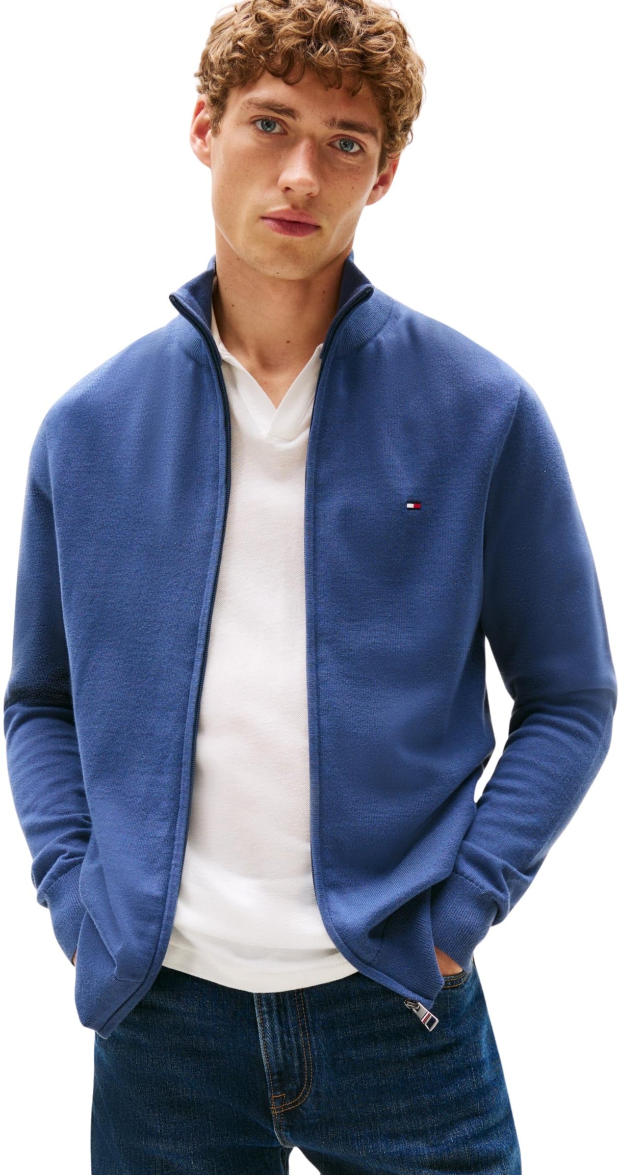 Tommy Hilfiger Jersey con cremallera Hombre Essential Cotton Zip Thru con cuello alto, Azul (Aegean Sea), M
