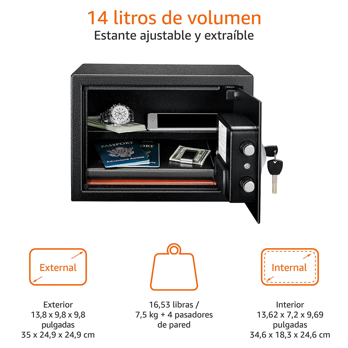Amazon Basics Caja Fuerte de Seguridad de Acero con Cerradura con Teclado, Protege Dinero, Joyas, Documentos de identificación, 14 l, 35 cm x 25 cm x 25 cm, Color Negro