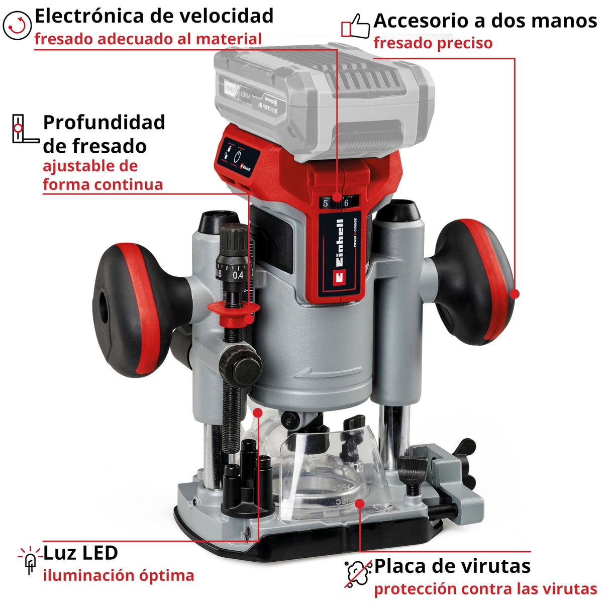 Einhell Professional Set de fresadora superior-de cantos con batería TP-RO Set 18 Li BL-Solo Power X-Change (18V, ajuste fino de profundidad de fresado, incl. accesorios+bolsa, sin batería)