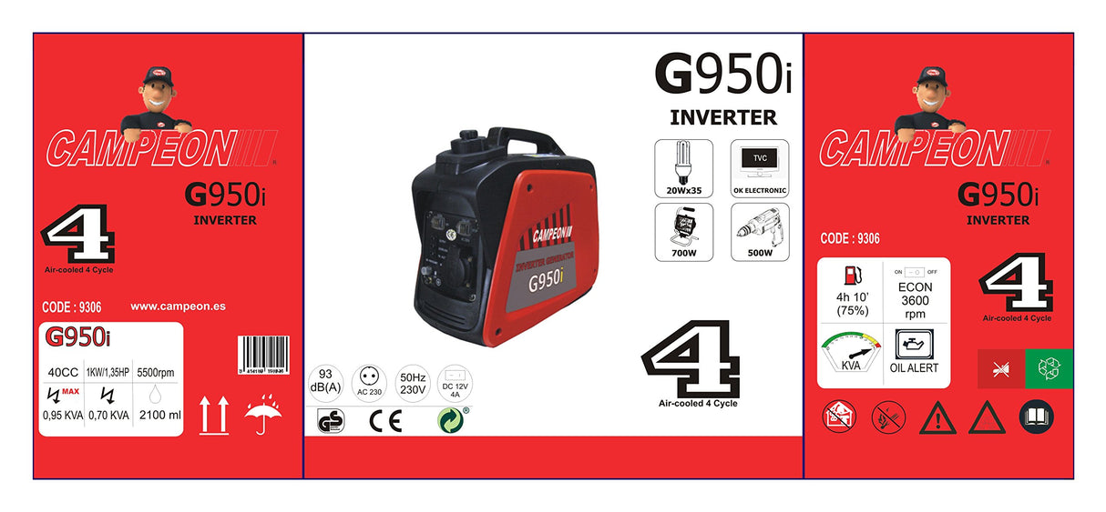 Campeón G-950i - Generador con bajo consumo de combustible, a gasolina, Rojo, Negro.