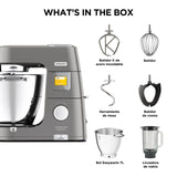 Kenwood Titanium Chef Pattissier - Robot de Cocina (1400 de potencia, bol de 7 litros y batidora de vaso de cristal incluidos, 4 herramientas, pantalla tactil), Color Plata