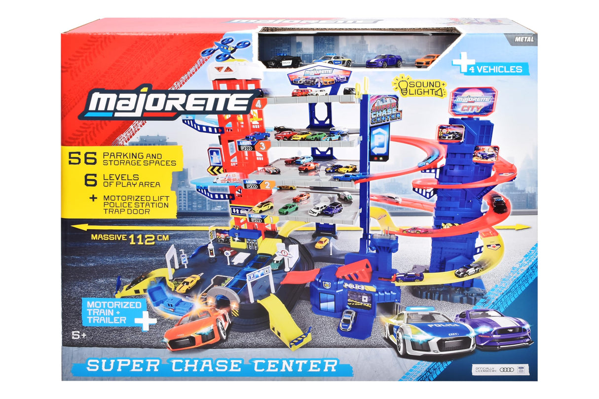 Majorette - Super Chase Center. Aparcamiento de 5 plantas, 57 plazas de aparcamiento, a partir de 5 años, 4 coches de juguete, comisaría, tren, ascensor, efectos de luz y sonido (212059984)