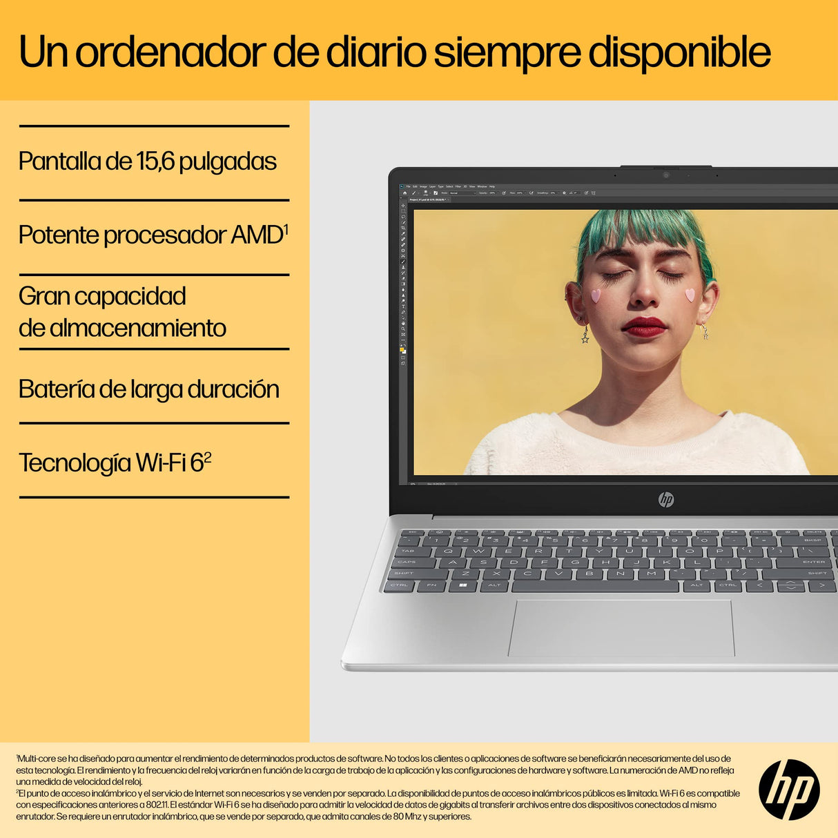 HP 15-fc0239ns - Ordenador portátil de 15.6" FHD (AMD Ryzen 7-7730U, 16 GB RAM, 1TB SSD, AMD Radeon Graphics, Sin Sistema operativo) Plata y Azul - Teclado QWERTY Español