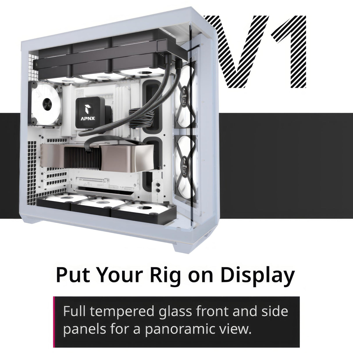 APNX V1 - Carcasa de PC ATX de Doble cámara con Flujo de Aire de Media Torre, Paneles de Vidrio panorámico, 10 Ranuras para Ventilador, Soporte de radiador de 360 mm, Entrada Angular Frontal de 16 cm