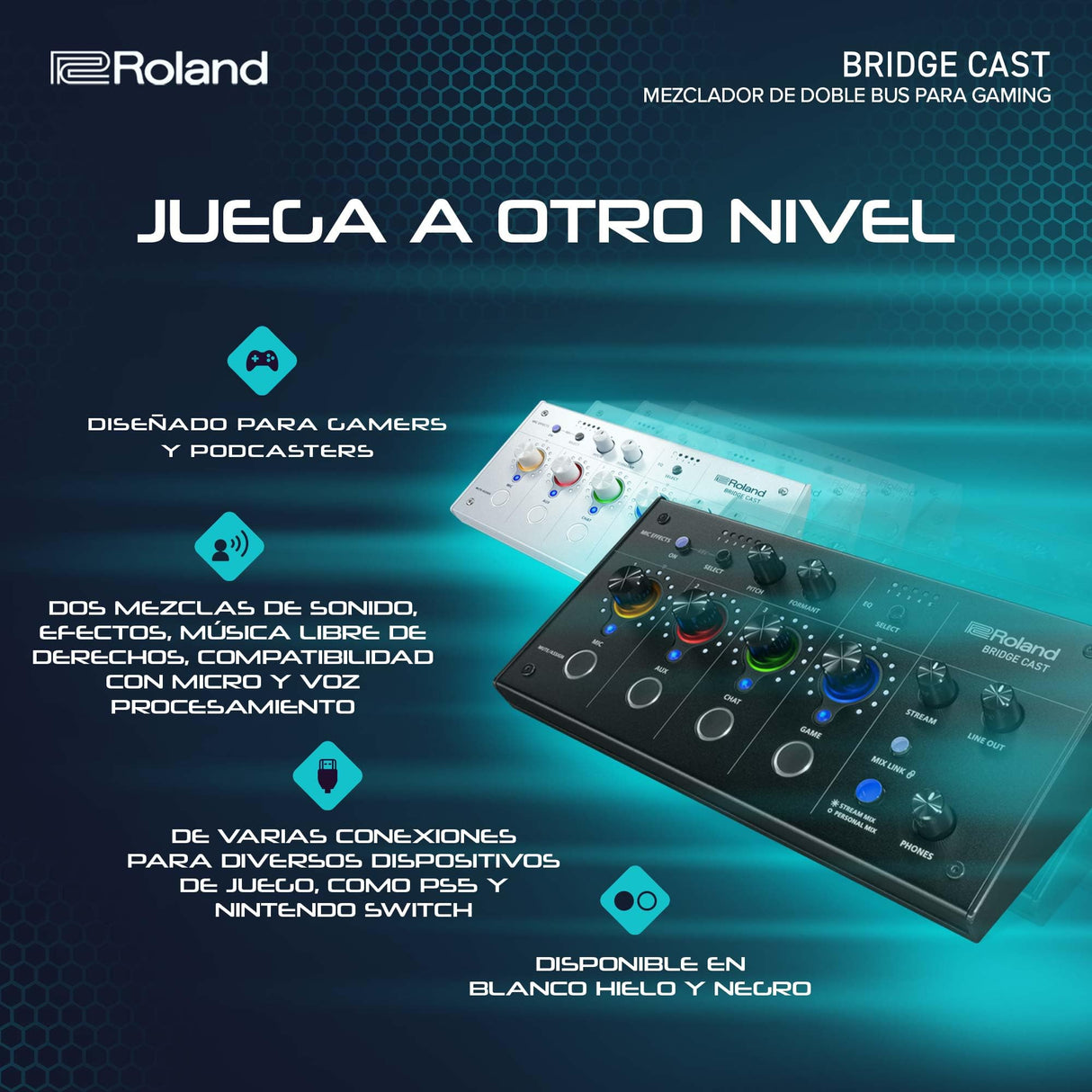 Mezclador de doble bus para gaming Roland BRIDGE CAST | Interfaz de streaming de audio y mezclador profesional para gamers online | DSP de hardware de 32 bits | Negro