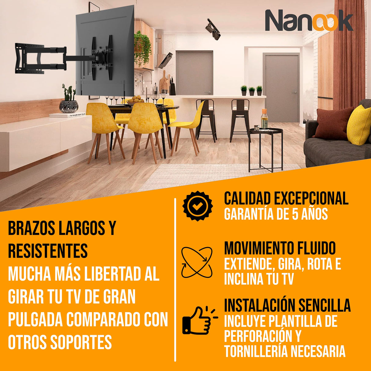 Nanook 2080 Soporte de Pared de Brazo Largo para televisores de 32 a 75 Pulgadas, Extensión Extra Larga de hasta 80 cm, Soporte de TV Que Permite Movimiento Completo, Soporta un Peso de hasta 60 kg
