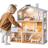 ROBUD Casa de muñecas de Madera, 3 Pisos, Incluye Muebles y escaleras, Juguete para niños a Partir de 3 años
