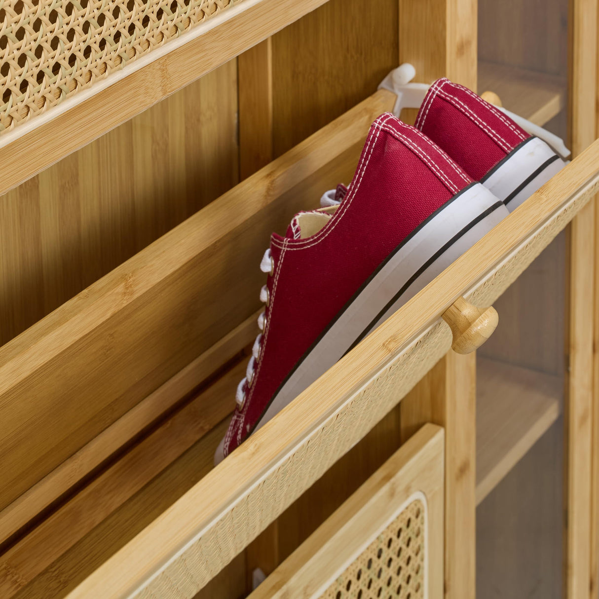 Relaxdays Mueble Zapatero, 5 Compartimentos, Armario Calzado Bambú, 127x95x19 cm, 9 Pares, 3 Solapas, Estrecho, Natural, Plástico, Tablero de Fibras