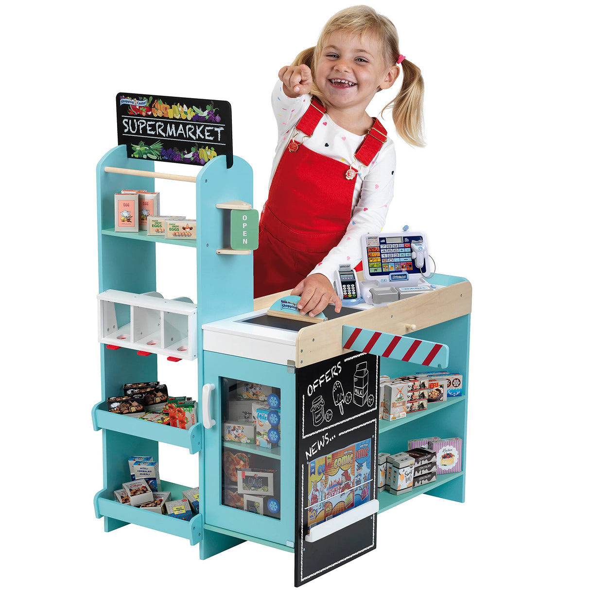 Theo Klein 9396 Artículo de promoción nº 1 de Shopping Center, madera | supermercado que incluye una caja registradora con tableta y una cesta de la compra | Juguetes para niños a partir de 3 años