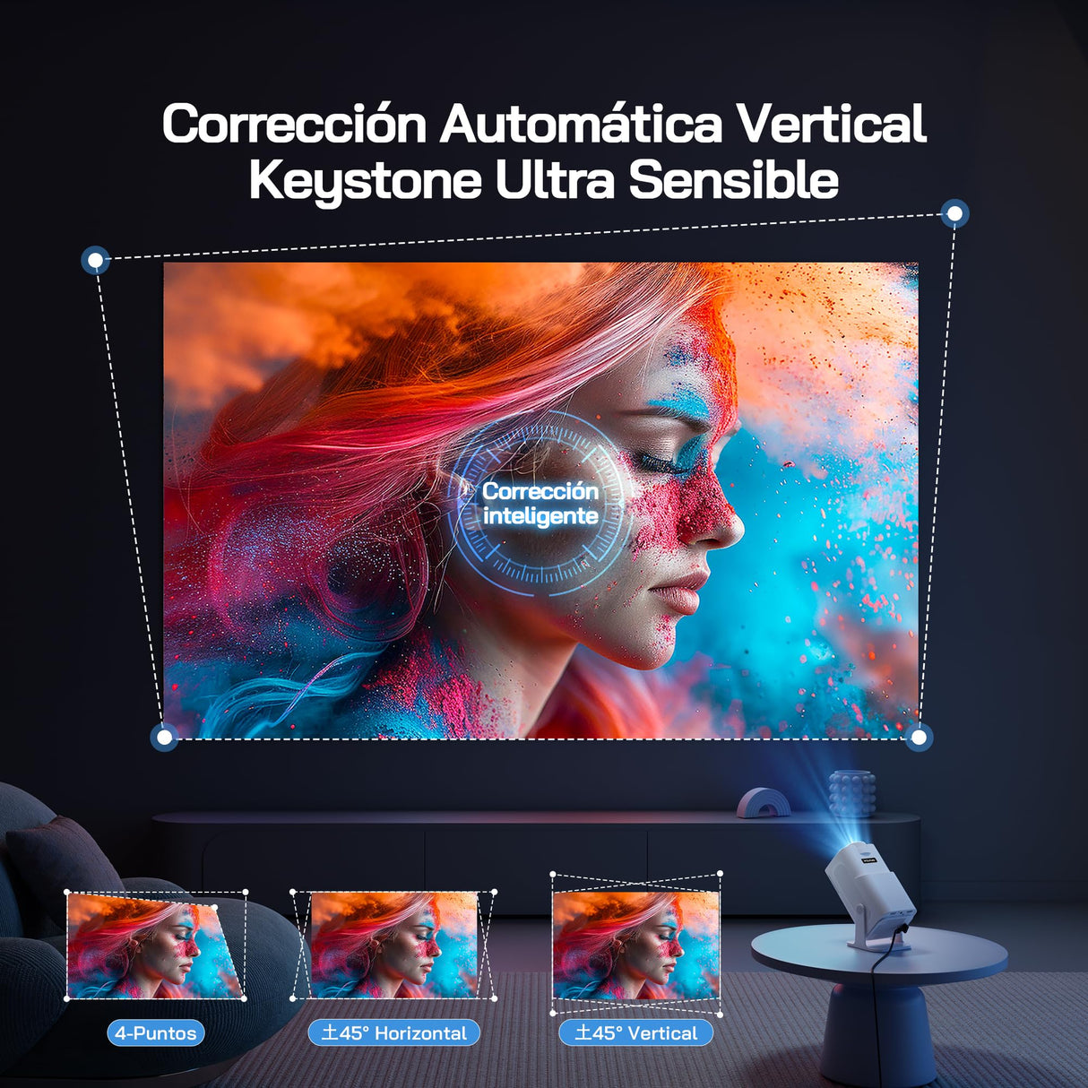 WOLFANG 4K Proyector Portátil【App Integrada/Netflix Oficial】, 26000 Lúmenes Mini Proyector con WiFi 6, 50% Zoom, 180° Rotation Projector Portable para Home Cinema/TV Stick/iOS/Android/PC/PS5/HDMI/AV