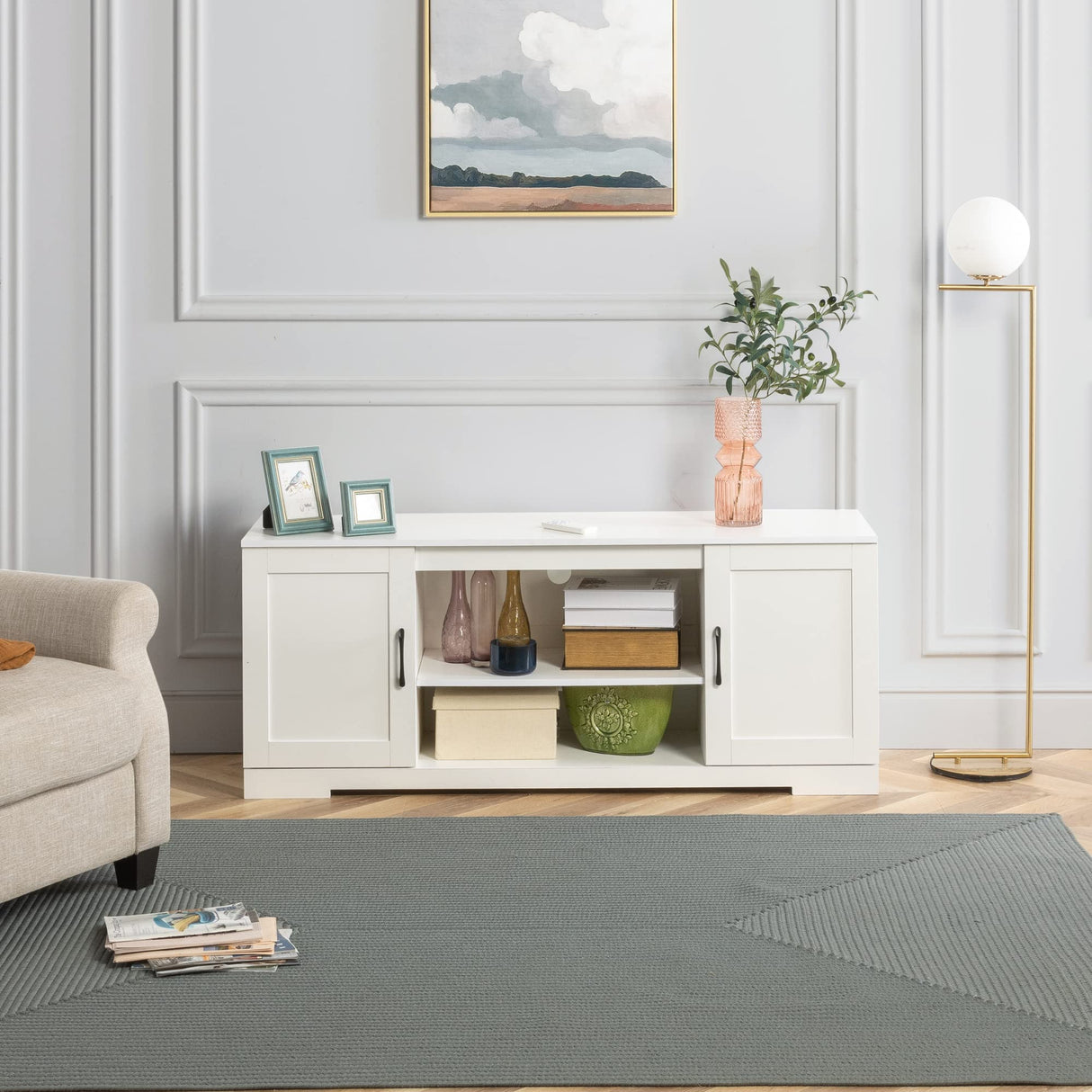 Zinus Bennett Mueble TV - Mueble TV 147x40x60 cm - Mueble con estantes y puertas - Blanco