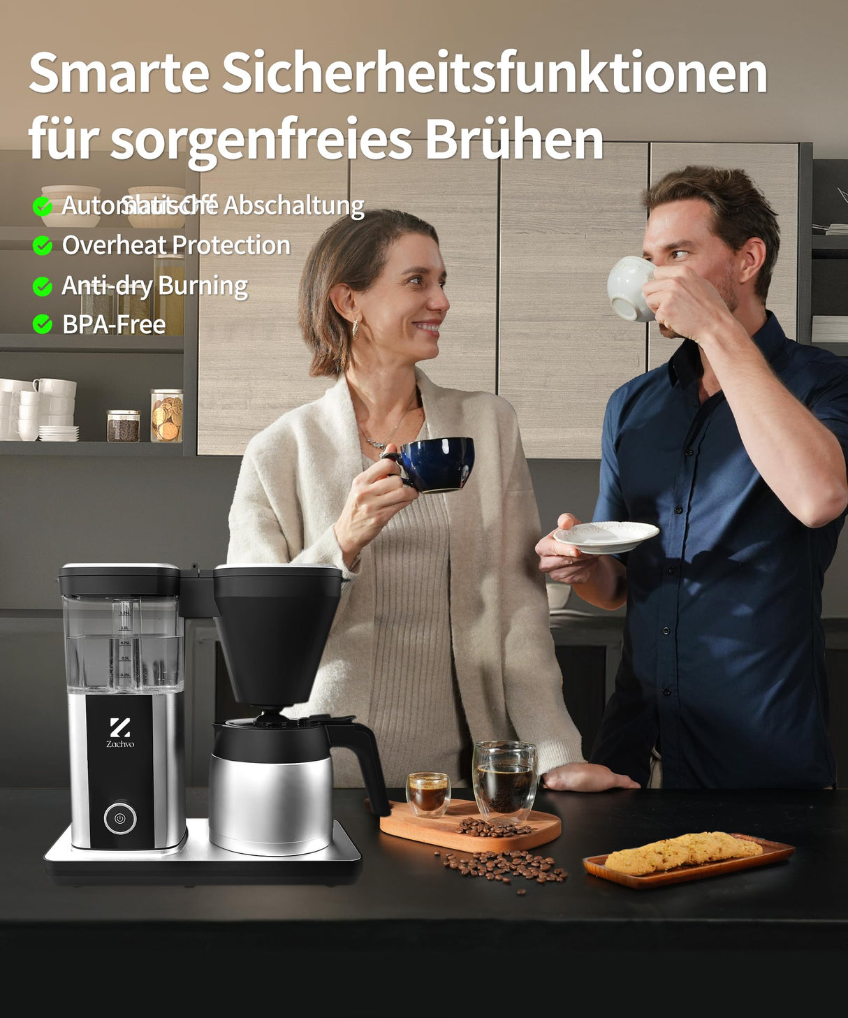 ZACHVO Cafetera de Goteo con Jarra Térmica de 1,25L, 4,5 Min. de Preparado Rápido, Control PID a 92°C, Sistema Antigoteo 30s, Filtro Reutilizable, Limpieza Automática, Libre de BPA, Acero inoxidable