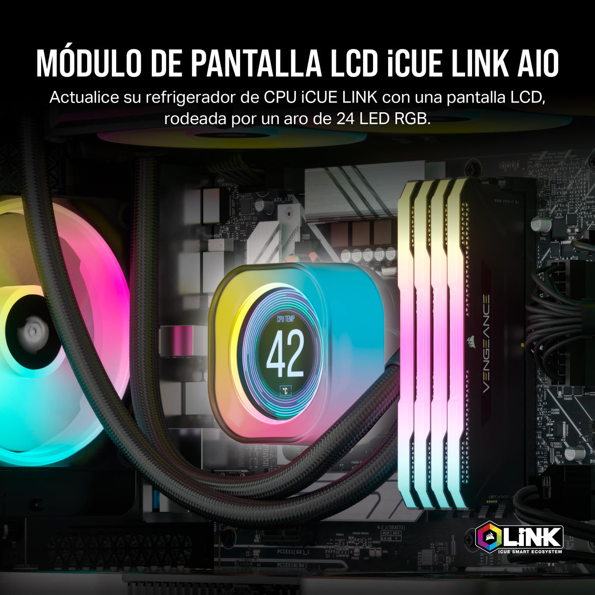CORSAIR iCUE Link AIO LCD Módulo de Pantalla - Pantalla LCD IPS de 2,1" - 24 LED RGB Direccionables Individualmente - Instalación sin Herramientas - Negro