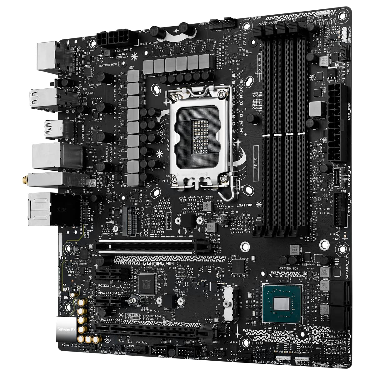 ROG Strix B760-G Gaming WiFi - Placa Base Intel B760 (LGA 1700) mATX Blanco con 12+1 DrMos, DDR5, PCIe 5.0, Q-Release, 2X PCIe 4.0 M.2, WiFi 6E, Ethernet 2,5G, USB 3.2 Gen 2x2 Tipo C, Aura Sync