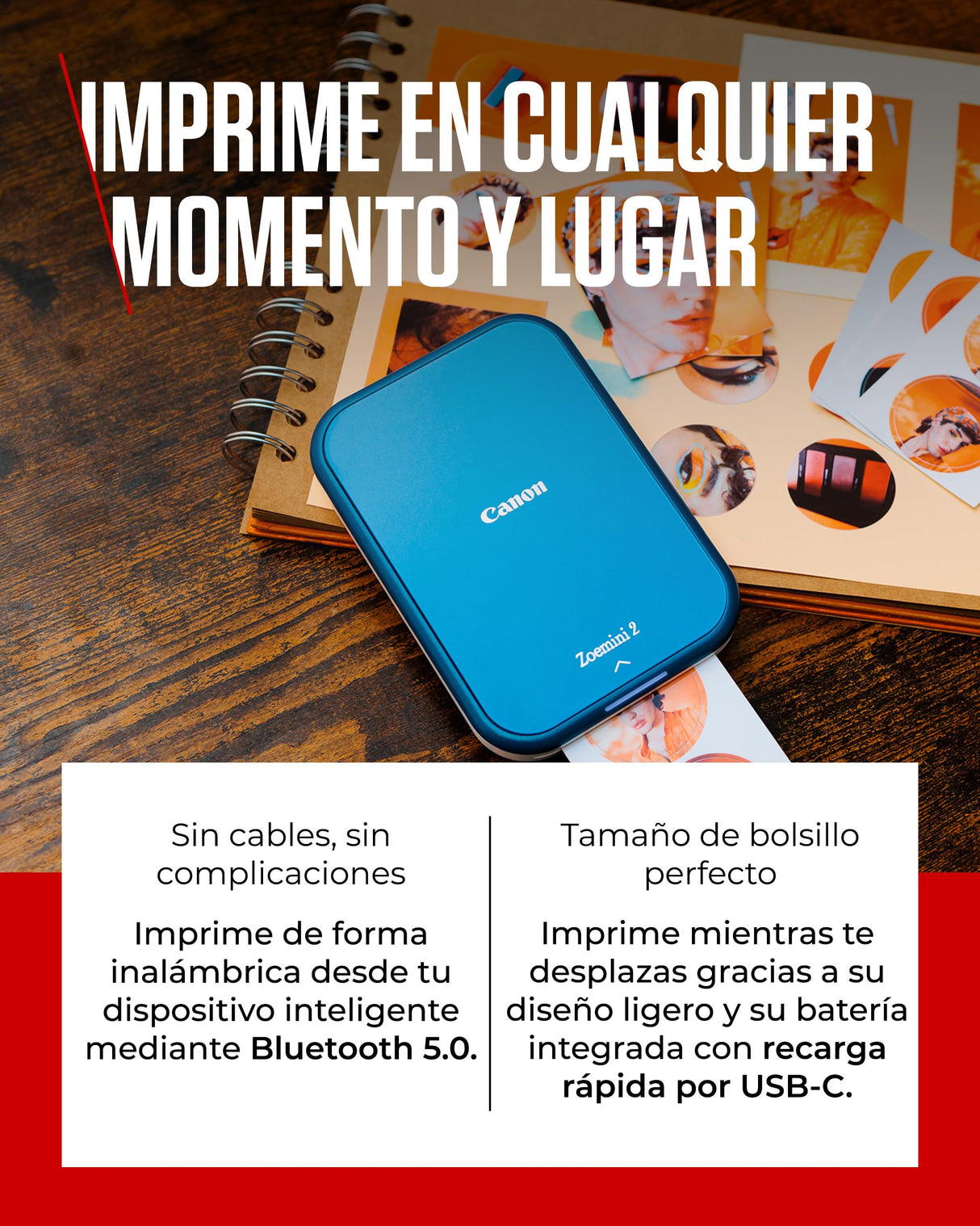 Canon Zoemini 2 Kit de Impresión – Impresora Fotográfica Portátil y Compacta – Bluetooth 5.0 – Carga Rápida USB C Ideal para Viajes (Azul Marino)