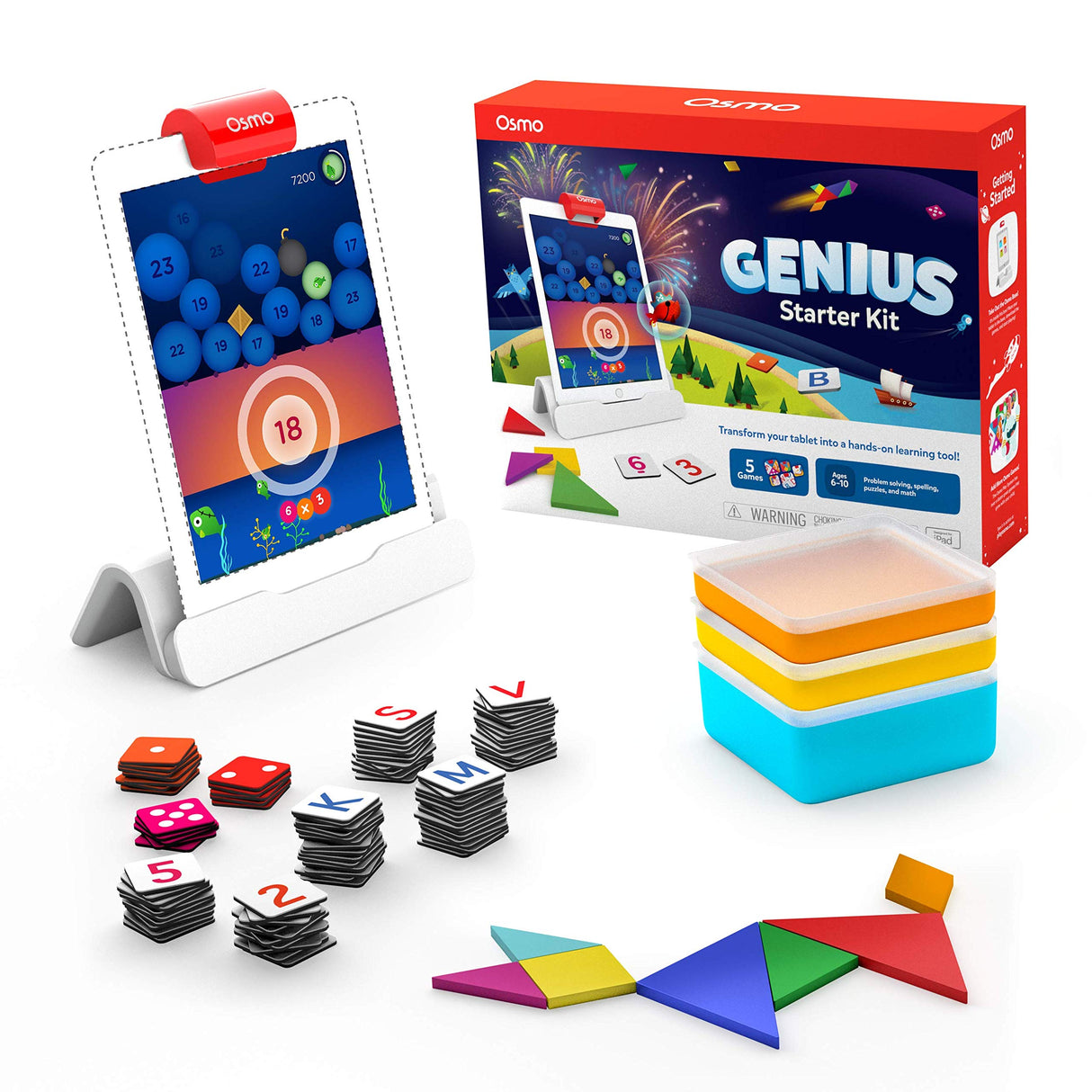 Osmo - Genius Starter Kit for iPad - 5 Educational Learning Games - Ages 6-10 - Math, Spelling, Creativity & More - Stem Toy iPad Base Included