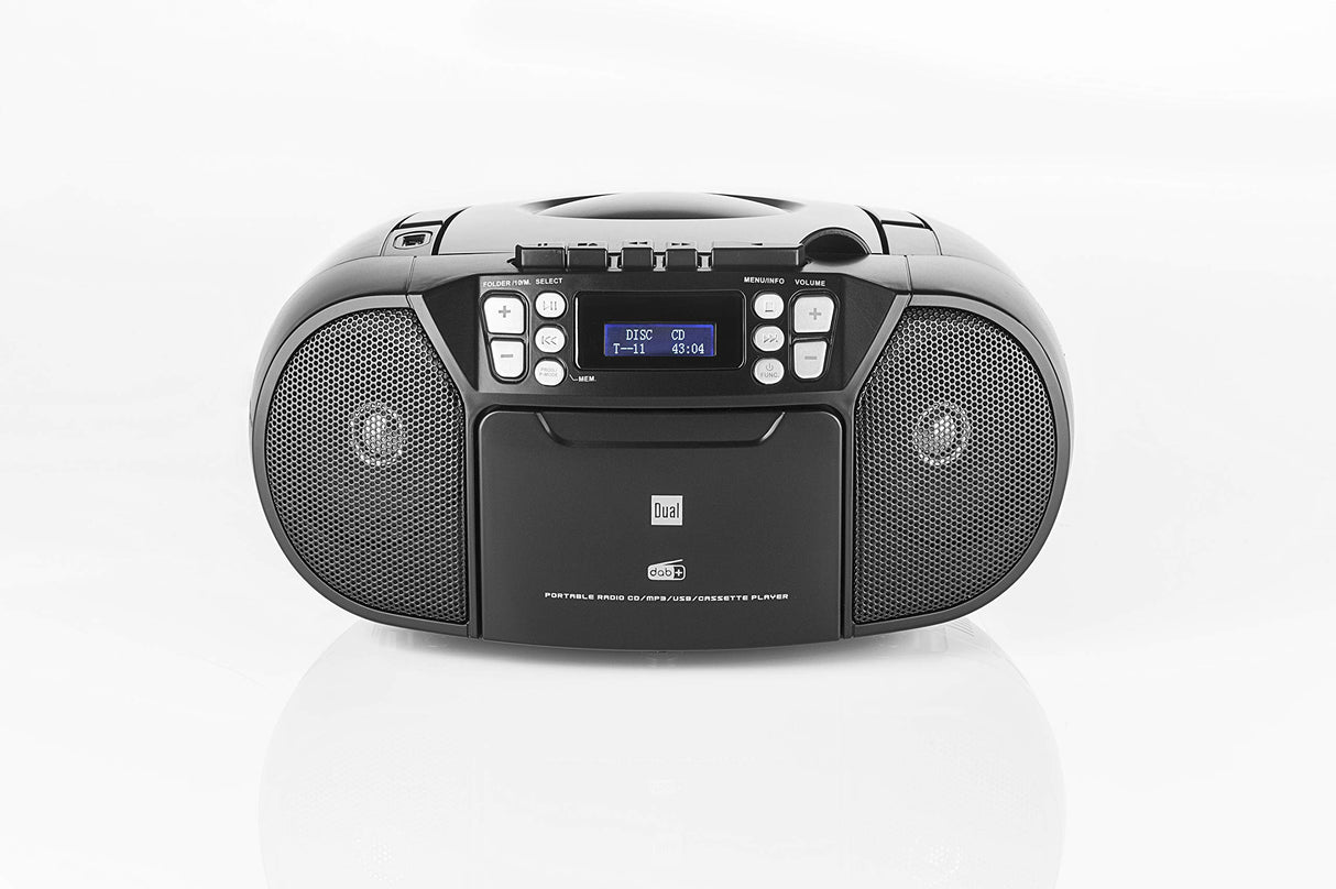 Dual, 75961,DAB-P AA8210 - Radio de casete con CD - DAB(+)/FM - Boombox - Reproductor de CD - Altavoz estéreo - Puerto USB - Entrada auxiliar - Funcionamiento con alimentación/batería - Portátil Negro