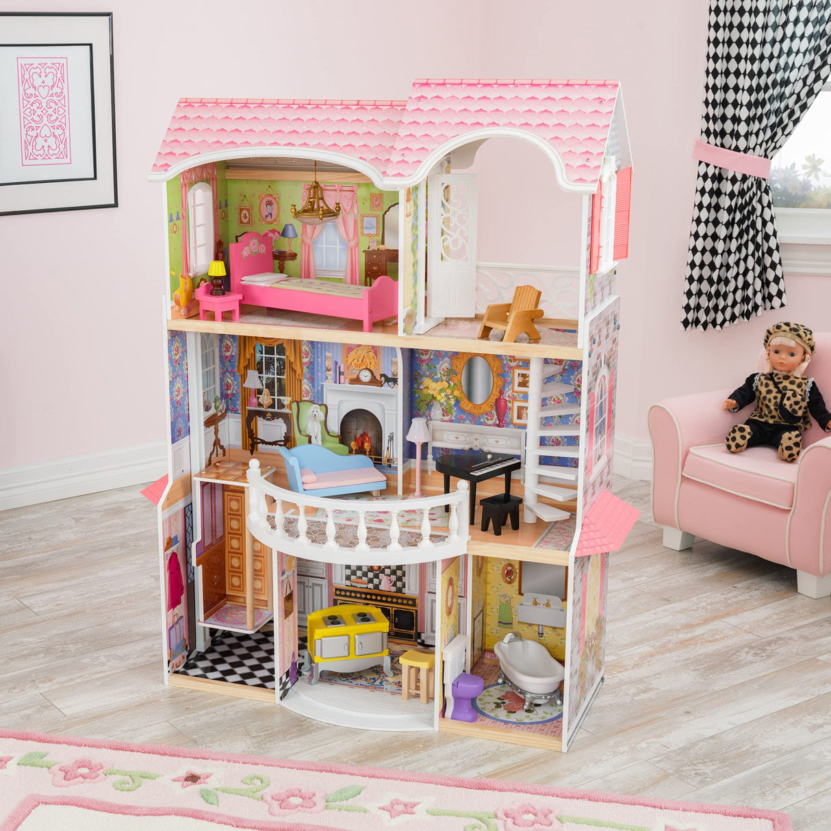 KidKraft Casa de muñecas de Madera Magnolia Mansion para muñecas con Muebles y Accesorios incluidos, Casita de Juguete con Ascensor y balcón, 3 Niveles de Juego, Juguetes niños y niñas 3 años (65907)