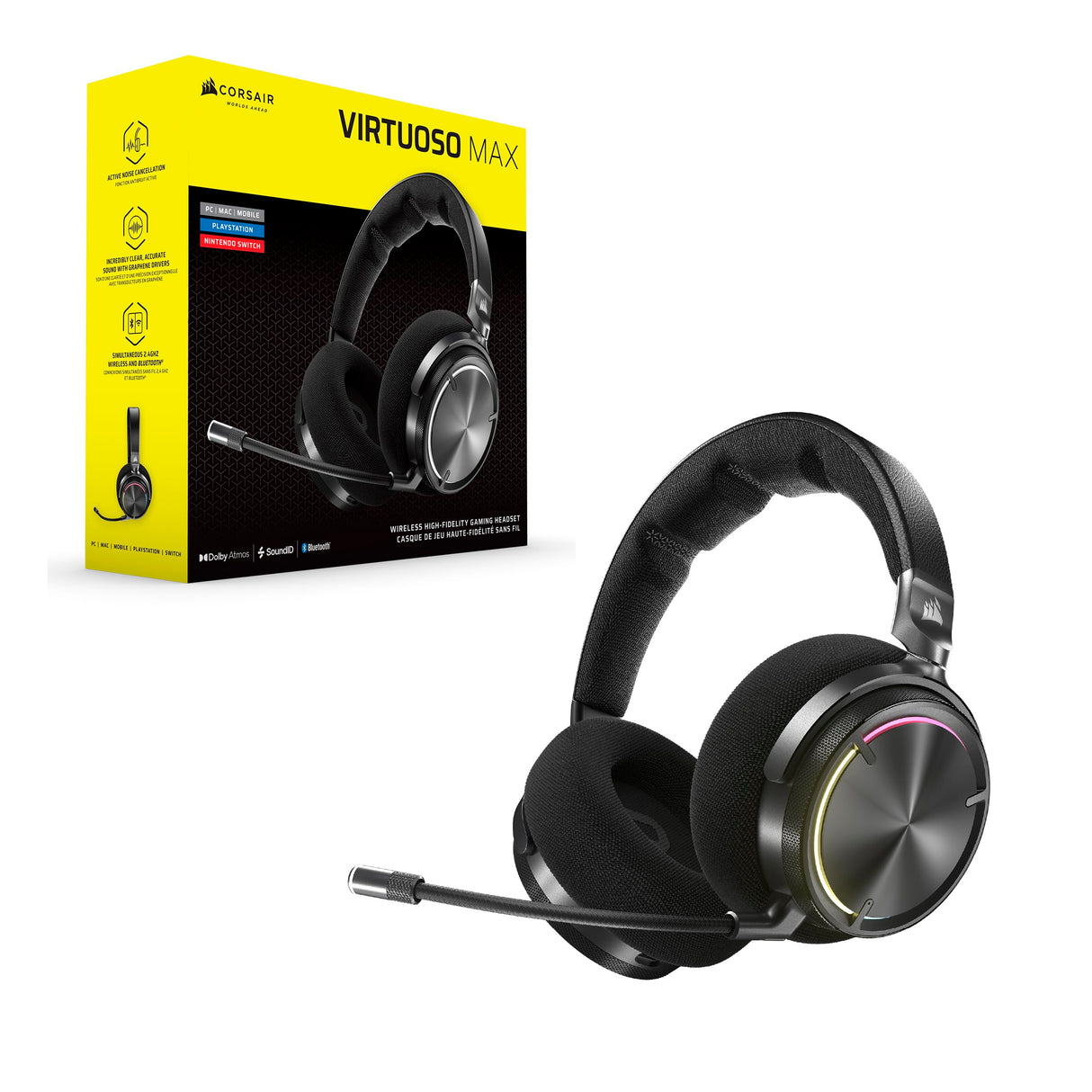 Corsair Virtuoso MAX Wireless Auriculares para Juegos con Bluetooth – Dolby Atmos, SoundID, Cancelación Activa del Ruido, Micrófono de Calidad Broadcast, para PC, Mac, PS5, PS4 – Carbono