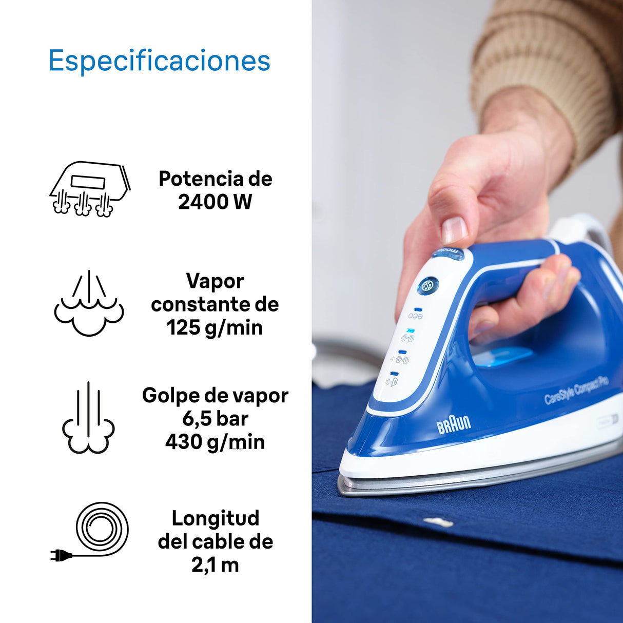 Braun CareStyle Compact Pro Plancha Generadora de Vapor, FreeGlide 3D, Modo iCareMode, Modo Eco y Turbo, Vaporización Vertival, Antigoteo, Depósito de Agua 1,5L, 6 bar/400g/min, 2400W, IS2565 Azul