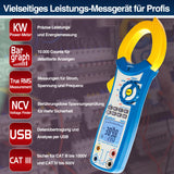 PeakTech 1660 – Pinza amperimétrica con USB, 1000 A CA, 9999 cuentas, multímetro digital, pinza amperimétrica para kW, kWh, kVA, TUV/GS, voltímetro sin contacto, probador de continuidad