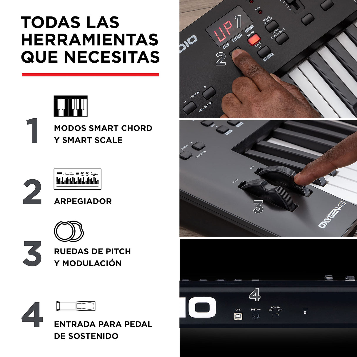 M-Audio Oxygen 49 (MKV) - teclado controlador MIDI USB con 49 teclas, beat pads, Smart Chord, modos de escala, arpegiador y pack de sonidos de Native Instruments (integración de NKS)