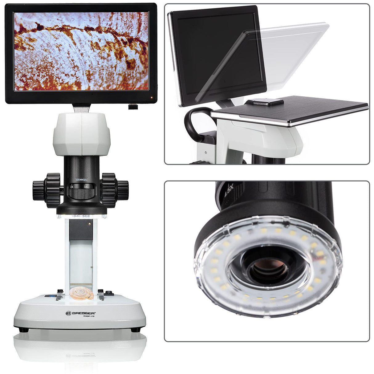 Bresser Microscopio LCD con análisis de luz y luz en 5 Niveles de Brillo, Zoom Continuo (0,7 x – 4,5 x), Pantalla de 22,5 cm y Enfoque Grueso y Fino, Blanco