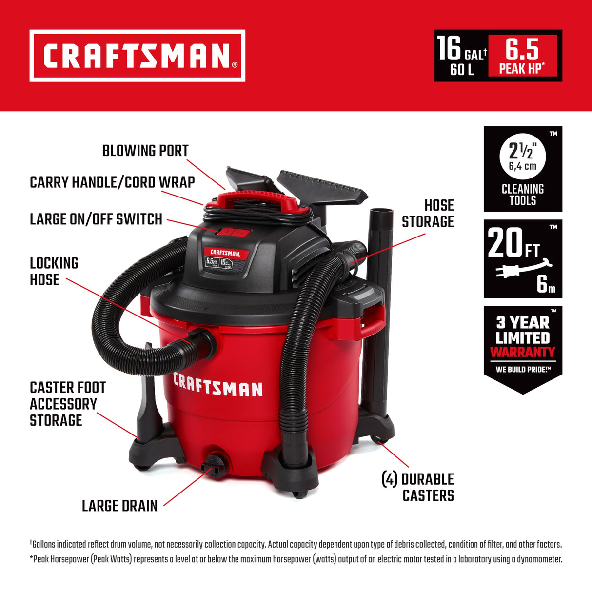CRAFTSMAN CMXEVBE18595 Aspiradora húmeda y Seca de 16 galones, 6.5 CV, aspiradora Resistente con 4 Bolsas de Recogida de Polvo y Accesorios