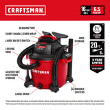CRAFTSMAN CMXEVBE18595 Aspiradora húmeda y Seca de 16 galones, 6.5 CV, aspiradora Resistente con 4 Bolsas de Recogida de Polvo y Accesorios
