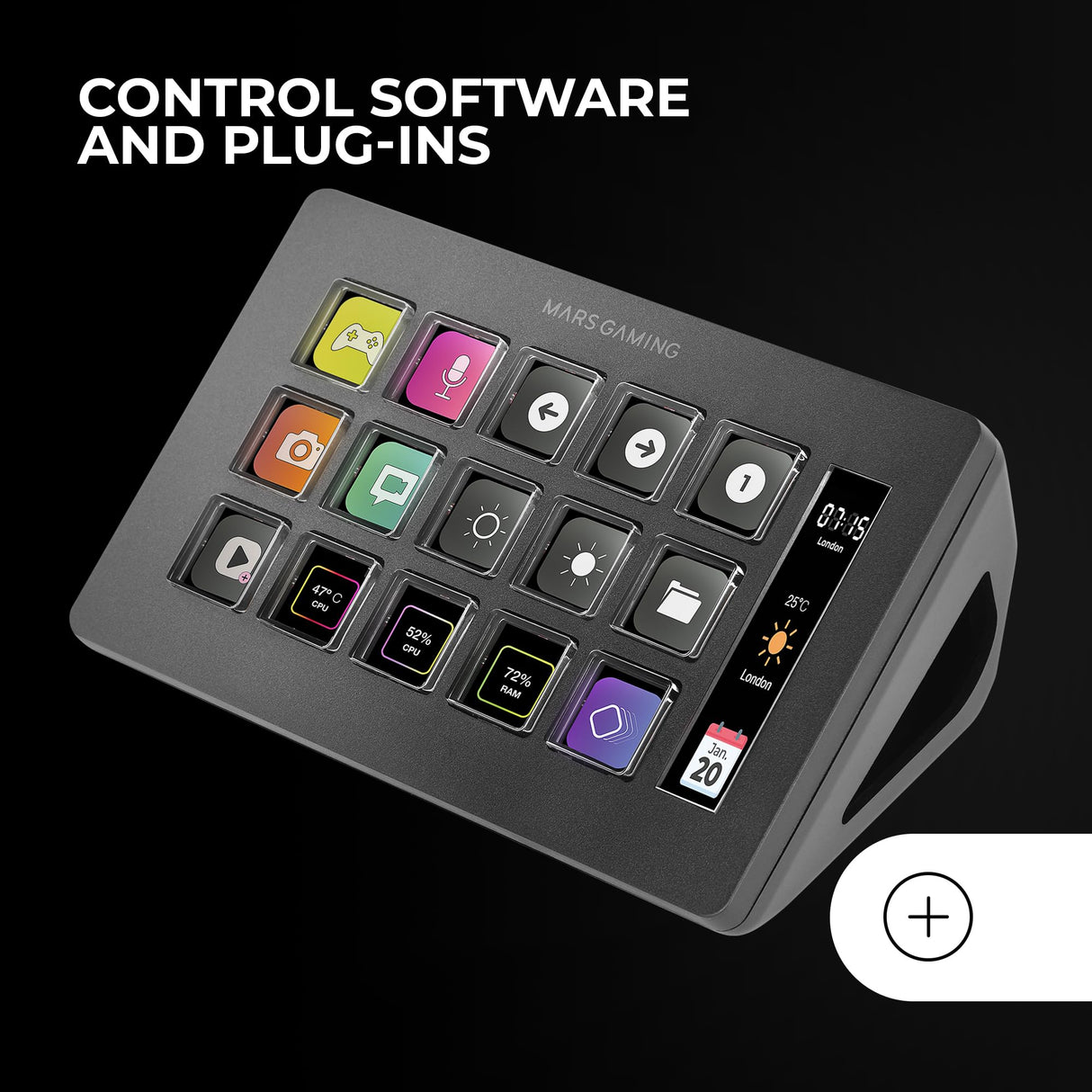 Mars Gaming MSD-ONE, Control Deck Slim, 15 Teclas LCD Personalizables, Pantalla LCD Ampliada, Software de Control y Plug-ins, Control Deck Compacto con Diseño Slim Ergonómico, Windows y MacOS, Negro