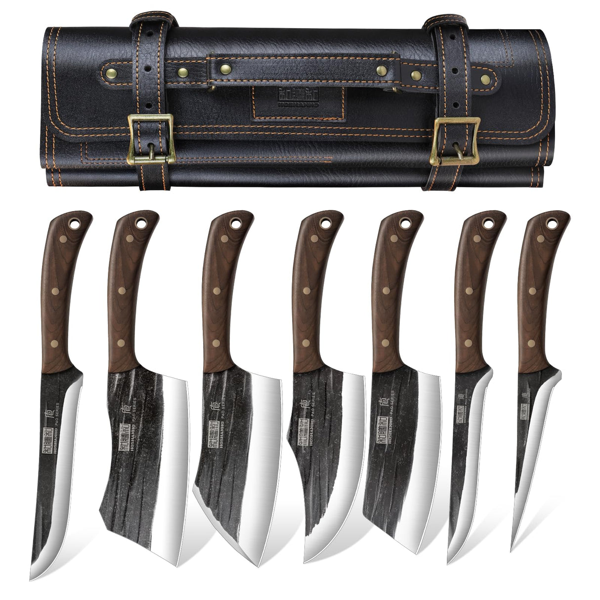 HOSHANHO Juego de Cuchillo de Carnicero, Forjado a Mano, Con Bolsa Enrollable Afilado Cuchillo de Carne, Cuchillo de Hueso y Cuchillo Deshuesador, Ideal Para el Hogar, Camping y BBQ