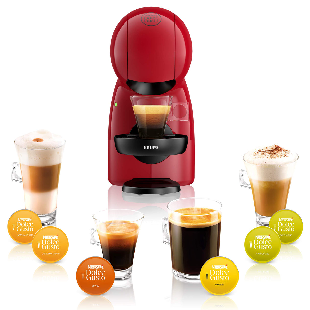 Krups Piccolo KP1A05 - Cafetera cápsulas Dolce Gusto, 15 bares y 1500 W, con depósito de 0.8 l, monodosis multibebidas frías y calientes, manual, Rojo + 3 Packs Café Intenso