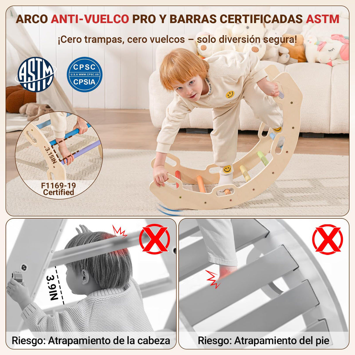 COSYLAND 8 en 1 Triángulo de Escalada Montessori con Arco y Rampa, Set Plegable Infantil, Juguete de Madera Resistente para Interior, Niños 18 Meses-6 años, Colores Arcoíris, Grande