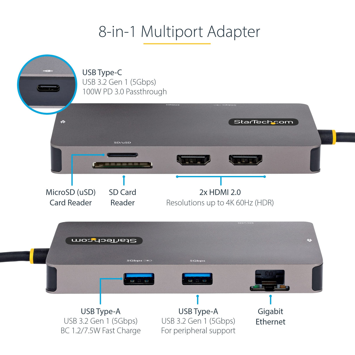 StarTech.com Adaptador Multipuertos USB C 2x HDMI 4K 60Hz, Hub USB-A 3.1 2Pt 5Gbps, PD 100W, GbE, SD/MicroSD, Cable de 30cm, Docking Station USB Tipo C de Viajes para Portátiles (120B-USBC-MULTIPORT)