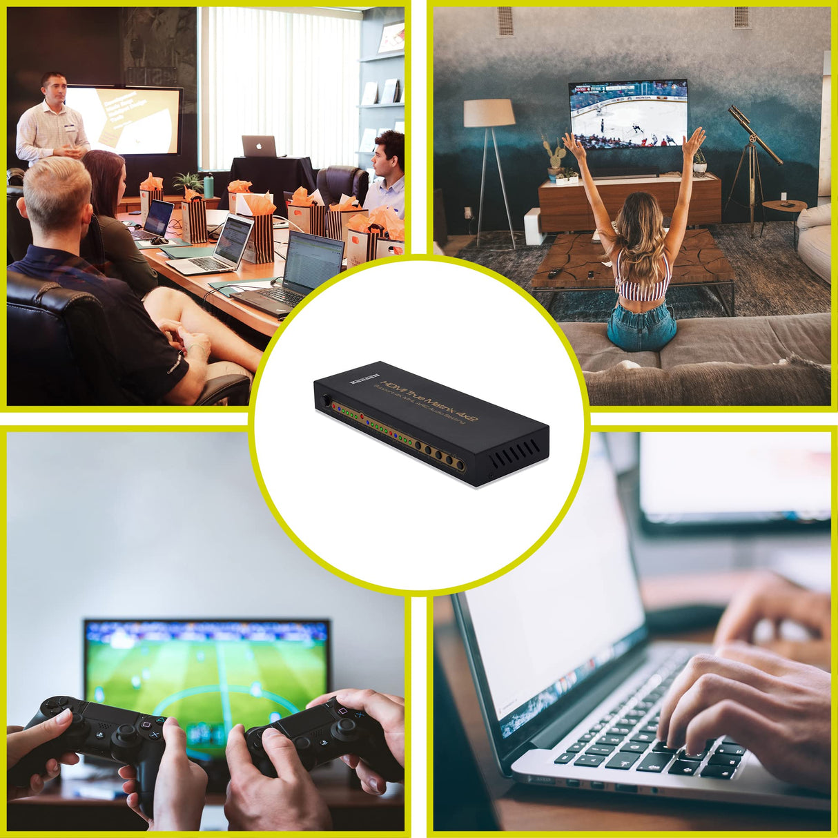 Leicke KanaaN KN40543, UHD Matrix 4x2 Splitter Switcher Full HD, UJD, 4K, 4K*2K, ARC, MHL,HDMI 1.4, Mando a distancia, Salida adicional para el audio, SPDIF y jack de 3,5mm, Stereo, Dolby 5.1 Surround HDMI 1.4