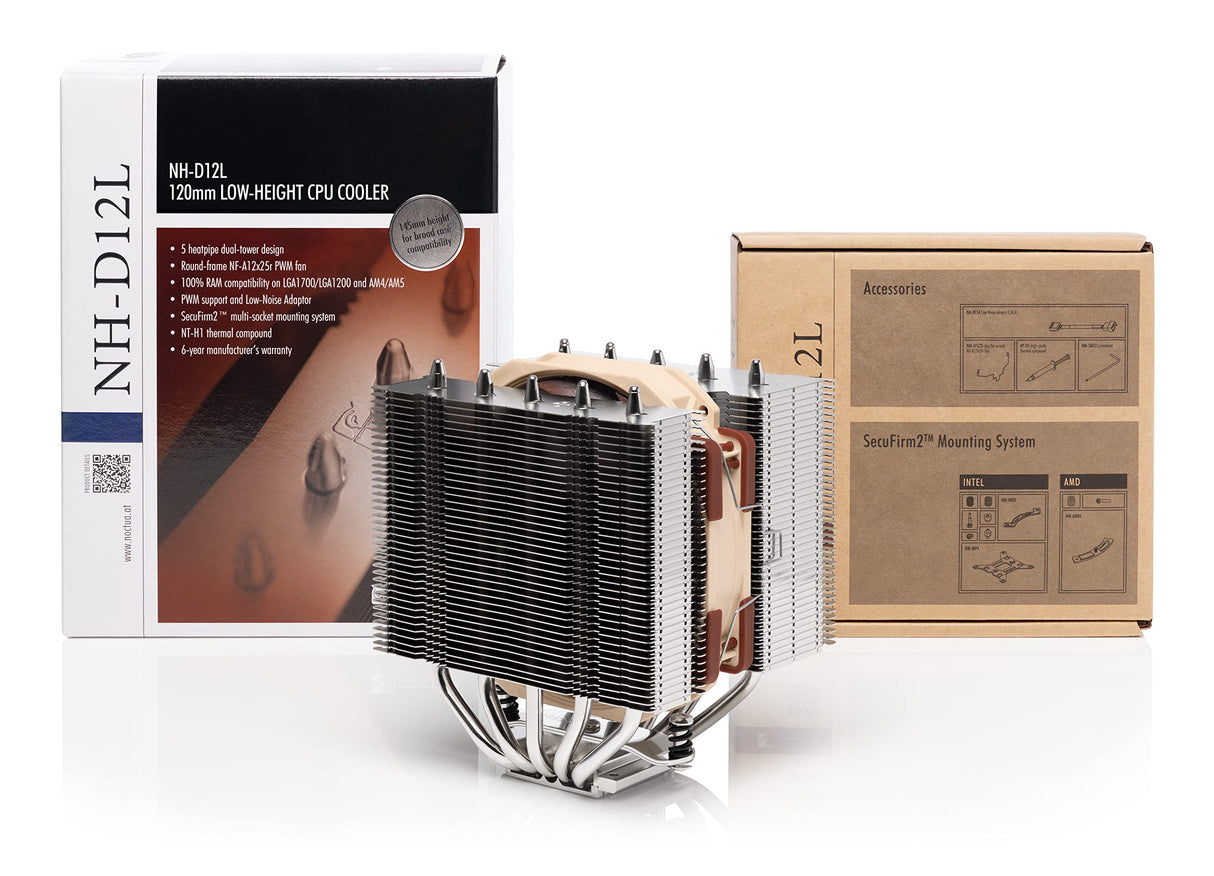 Noctua NH-D12L, Disipador de CPU de Altura Reducida y Doble Torre (120 mm, Marrón).